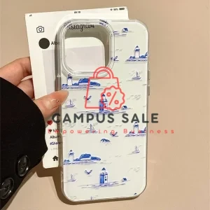 Blue Lighthouse Bird Pattern Phone Case For iPhone 16 Pro Max 15 14 13 Plus 12 11 X XR XS Max 16E 7 8 Plus shockproof Soft Cover