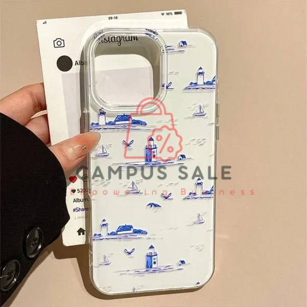 Blue Lighthouse Bird Pattern Phone Case For iPhone 16 Pro Max 15 14 13 Plus 12 11 X XR XS Max 16E 7 8 Plus shockproof Soft Cover