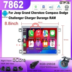 Android 13 For Jeep Grand Cherokee Compass Dodge Challenger Charger Durango RAM Car Video Multimedia Player 7862 CPU 8.8 inch