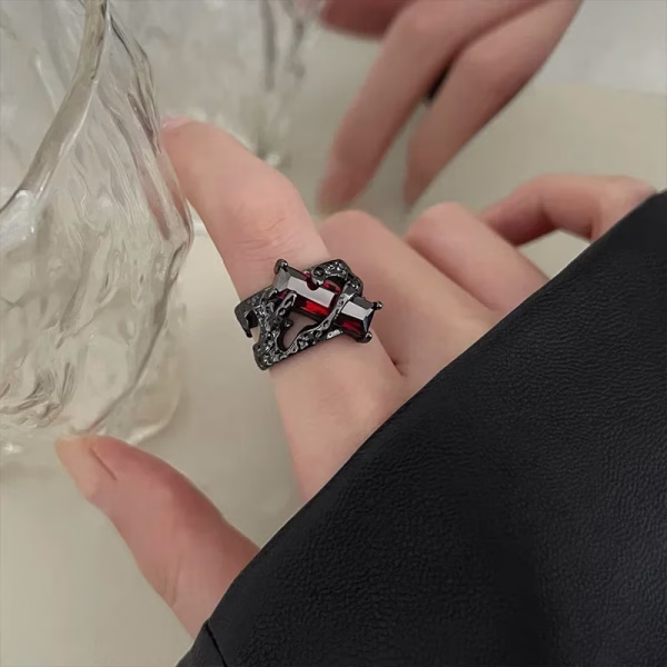 2024 New Punk Black Rings Thorns Vine Twine Red Rhinestones Hollow Unsex Couple Finger Ring Women Men Fashion Jewelry Party Gift - Image 2